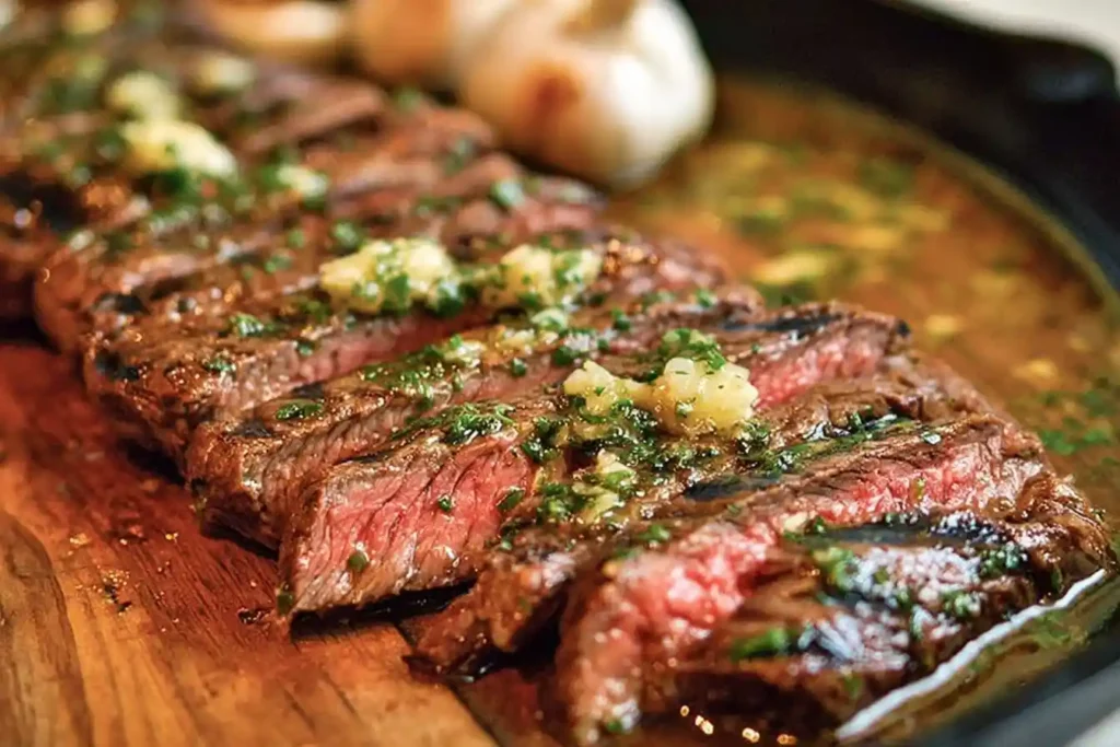 Close-up of sliced, medium-rare {{ $('Fetch Recipe Data').first().json["Main Keyword"] }} with a fresh garlic herb topping.