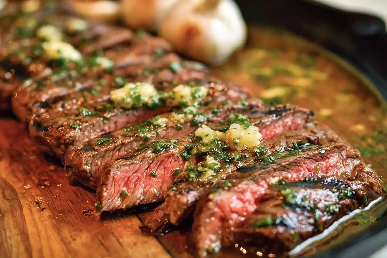 Close-up of sliced, medium-rare {{ $('Fetch Recipe Data').first().json["Main Keyword"] }} with a fresh garlic herb topping.