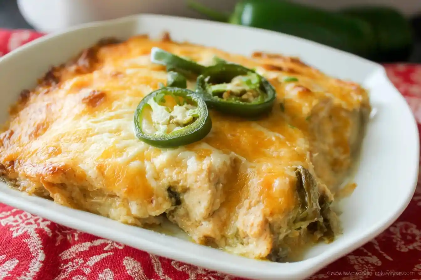 A cheesy {{ $('Fetch Recipe Data').first().json["Main Keyword"] }} in a white dish topped with sliced jalapenos.