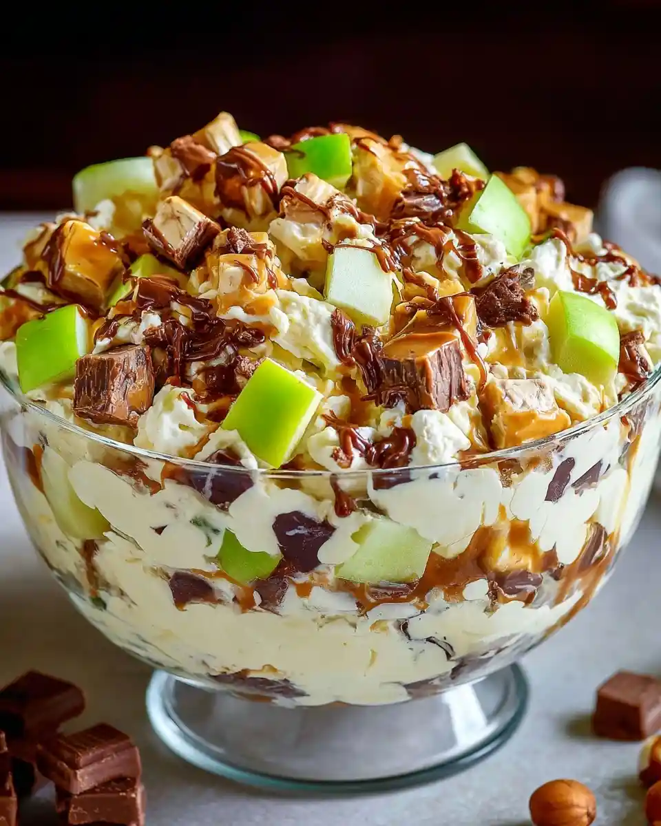 A glass bowl filled with Snickers apple salad featuring green apples, chopped candy bars, cream, and caramel.