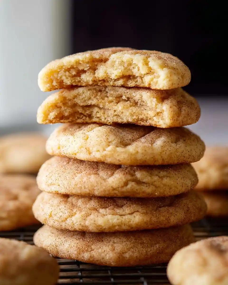 A stack of freshly baked snickerdoodle cookies on a wire rack, with the top cookie broken in half to show its soft center.