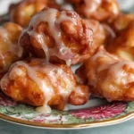 A stack of golden brown, freshly glazed apple fritters on a floral patterned plate.