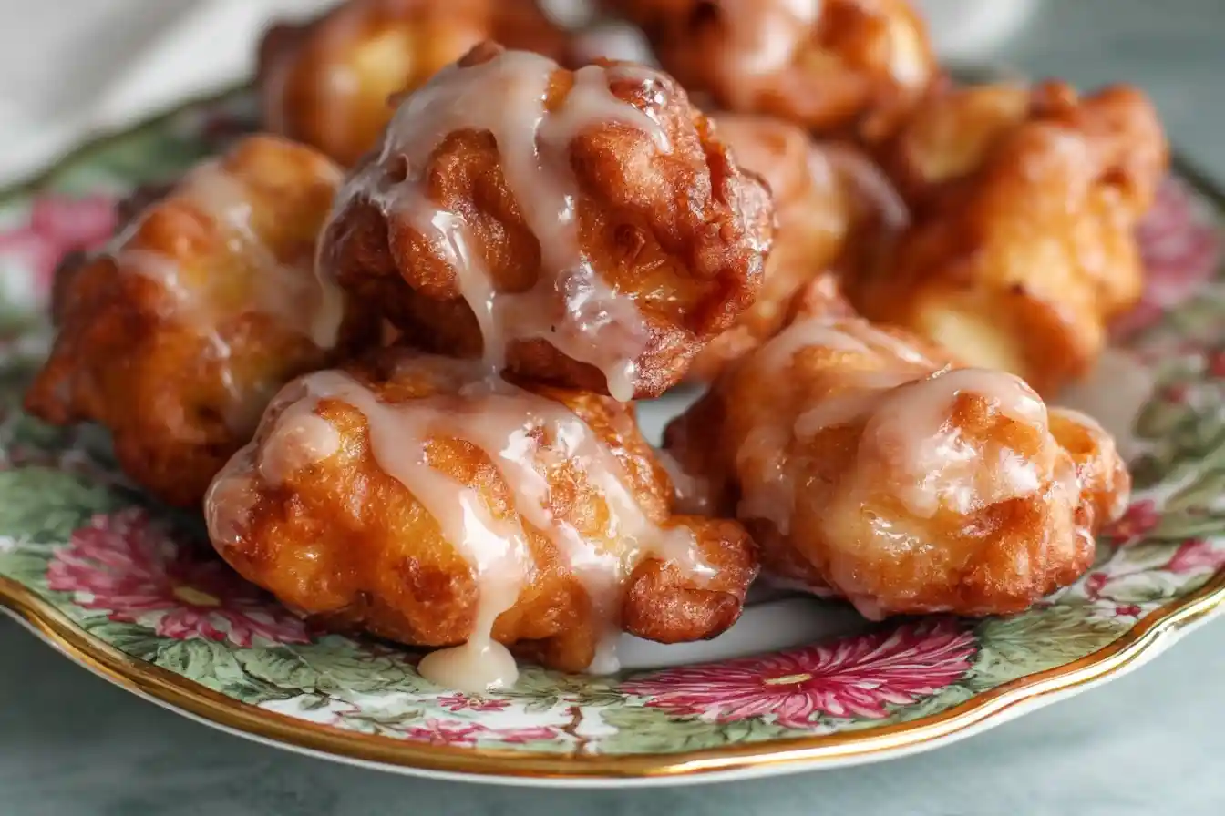 A stack of golden brown, freshly glazed apple fritters on a floral patterned plate.