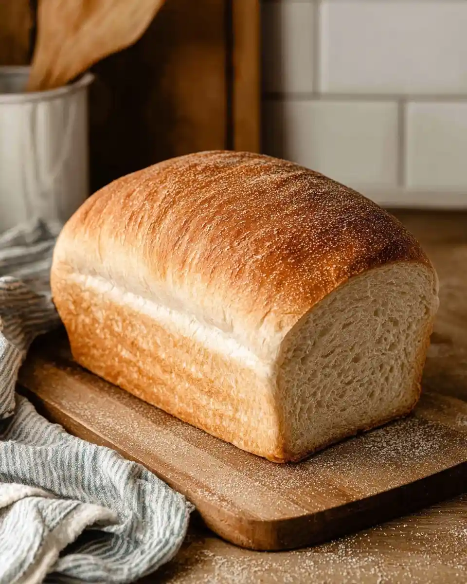 A freshly baked loaf from this easy sandwich bread recipe resting on a wooden cutting board.