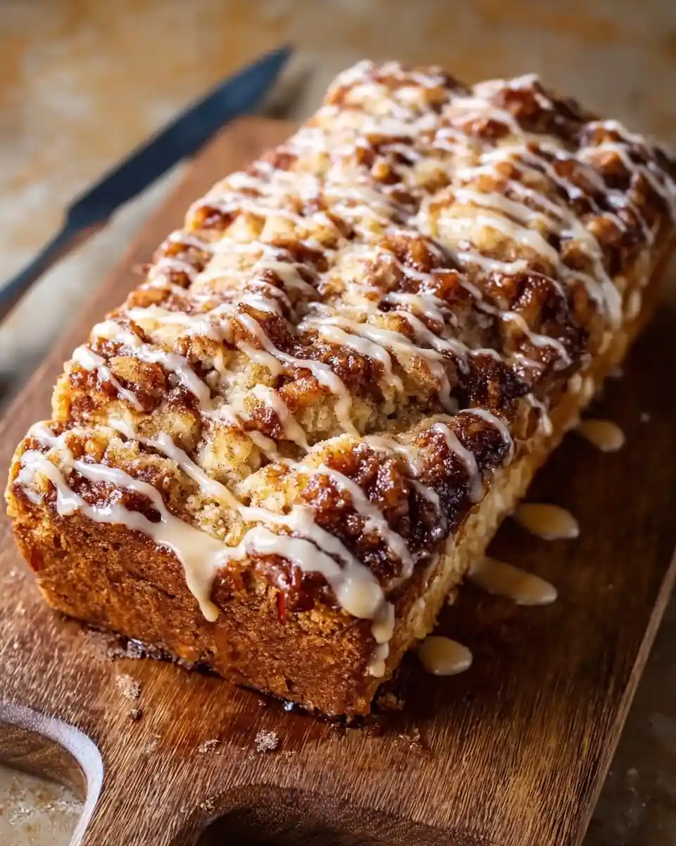 Freshly baked cinnamon streusel loaf with a thick vanilla glaze drizzle on a rustic wooden cutting board.