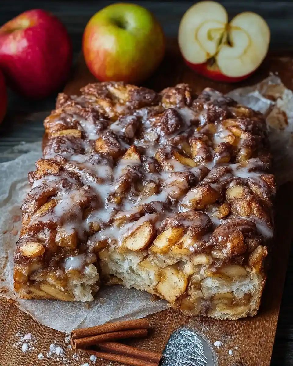 Freshly baked {{ $('Fetch Recipe Data').first().json["Main Keyword"] }} with sweet glaze, fresh apples, and cinnamon sticks.