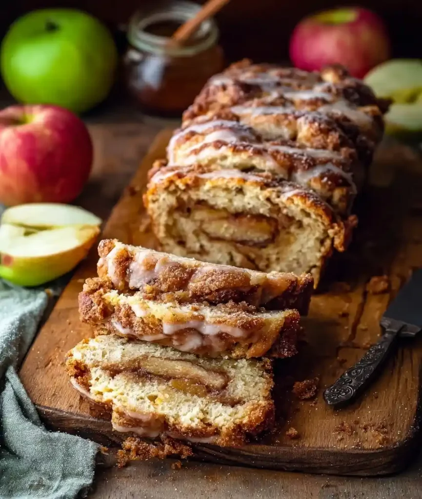 Sliced {{ $('Fetch Recipe Data').first().json["Main Keyword"] }} with sweet glaze and apples.