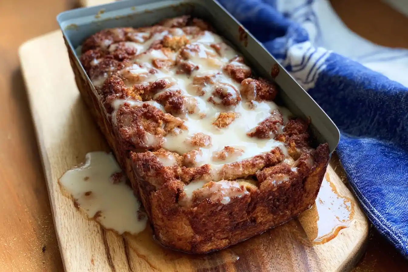 Freshly baked cinnamon roll loaf covered in sweet white icing, sitting in a metal pan on a wooden board.