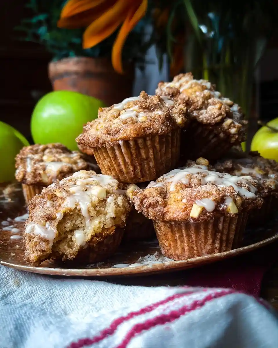 A stack of freshly baked apple crumb muffins drizzled with sweet glaze, next to green apples.