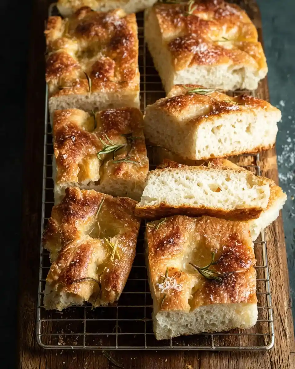 Golden brown squares of freshly baked focaccia bread topped with rosemary and sea salt on a wire cooling rack.