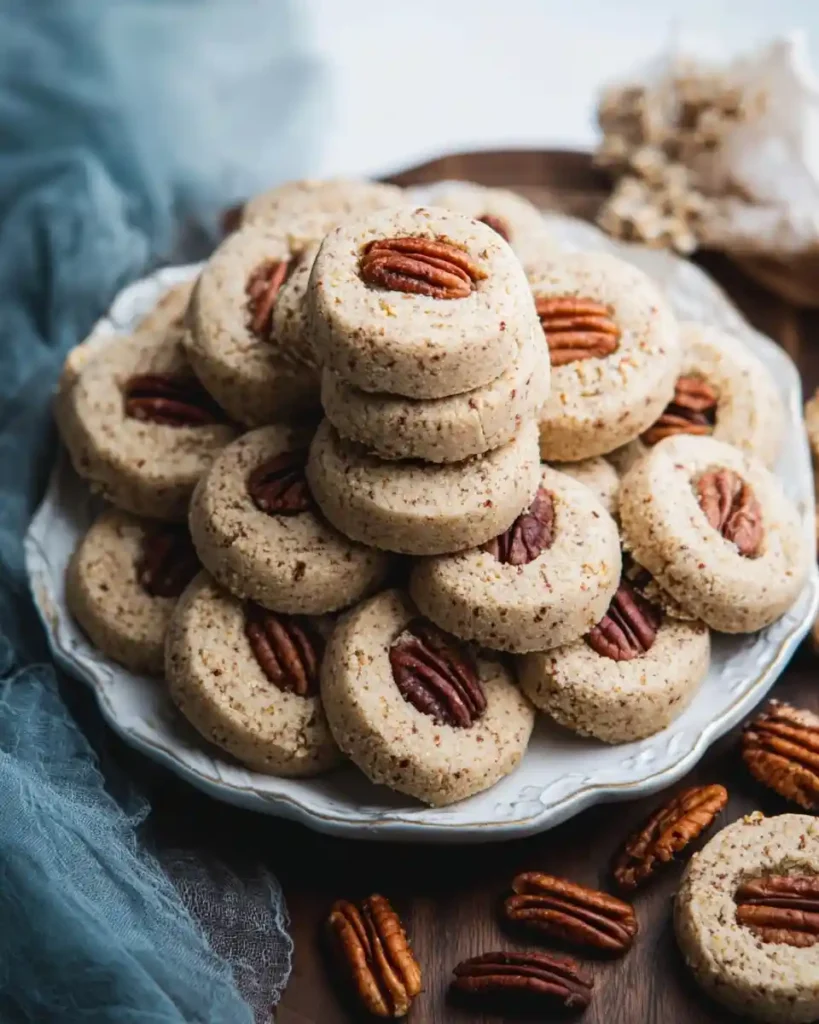 A plate piled high with {{ $('Fetch Recipe Data').first().json["Main Keyword"] }}, each topped with a whole pecan.