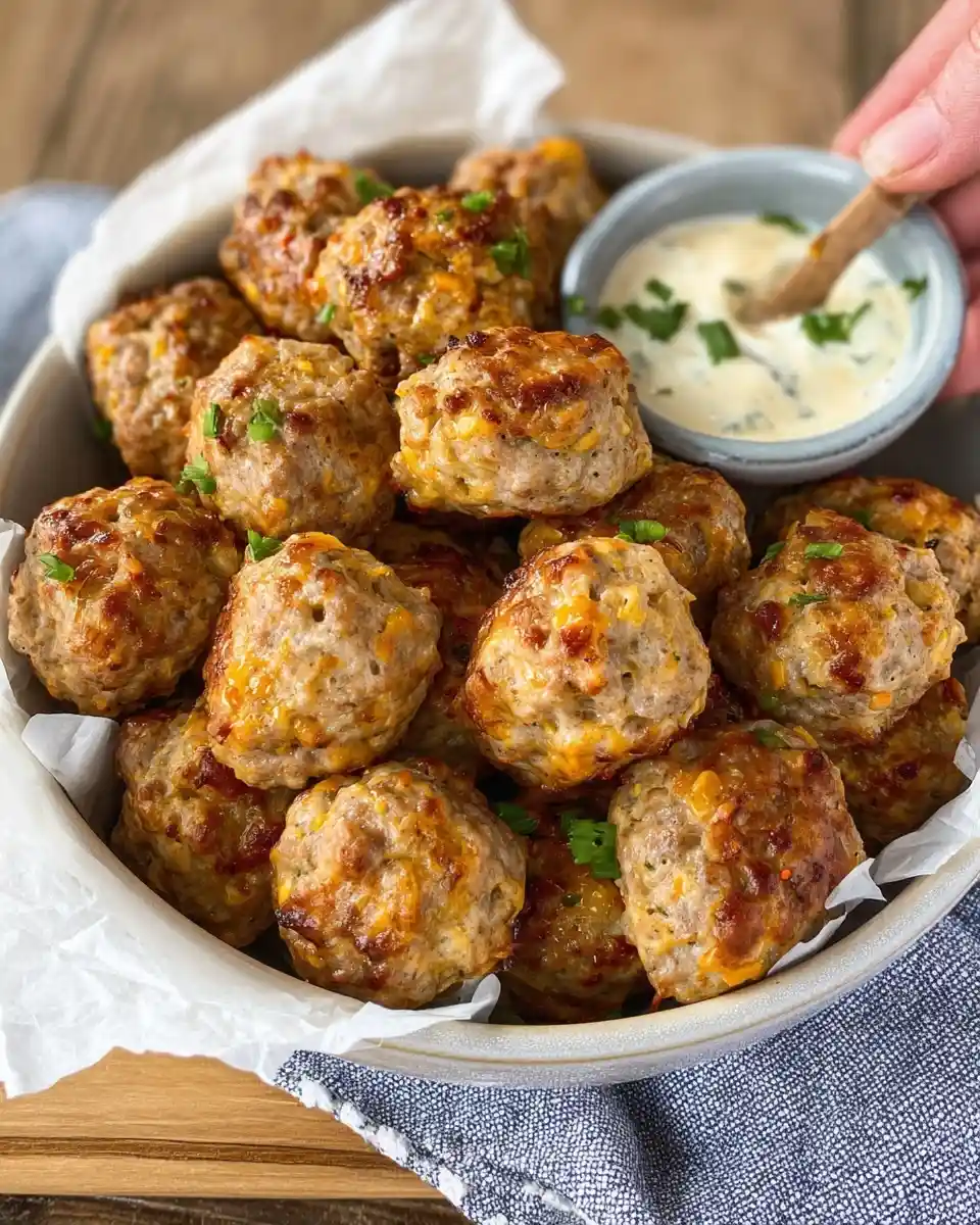 A bowl of golden brown sausage cheese balls lined with parchment paper, served with a creamy herb dipping sauce.