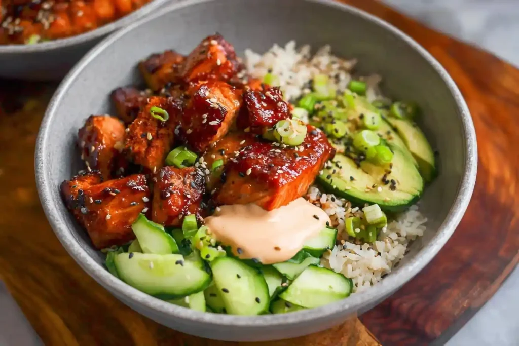 A vibrant {{ $('Fetch Recipe Data').first().json["Main Keyword"] }} featuring glazed salmon, avocado, cucumber, and spicy mayo over rice.