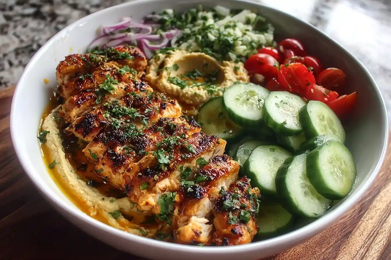 Close-up of a {{ $('Fetch Recipe Data').first().json["Main Keyword"] }} with grilled chicken, hummus, cucumbers, and red onion.