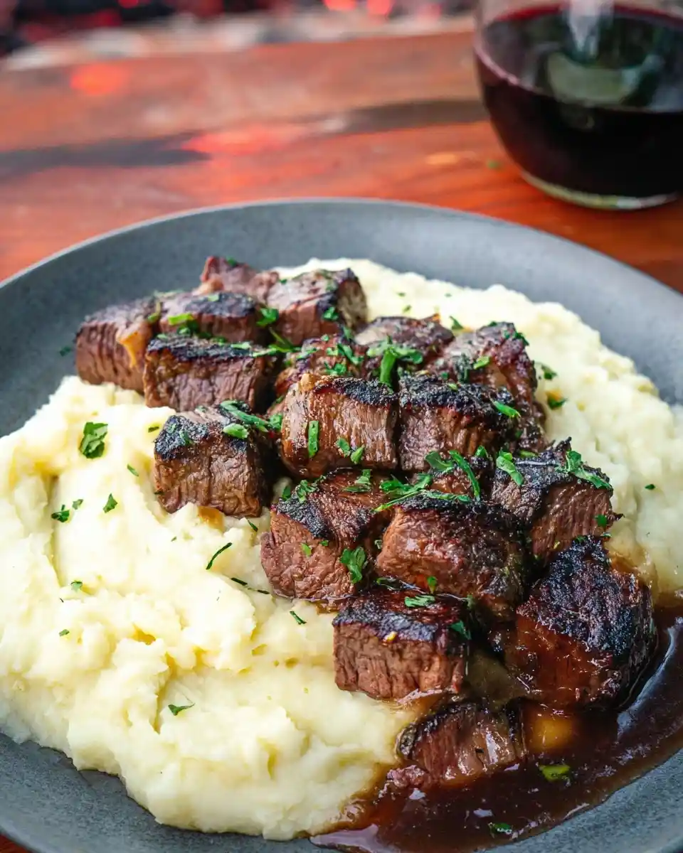 Pan-seared steak bites served over creamy mashed potatoes with a rich savory gravy and fresh parsley garnish.