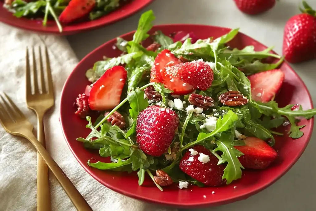 Fresh strawberry arugula salad with feta cheese and pecans served on a bright red plate.