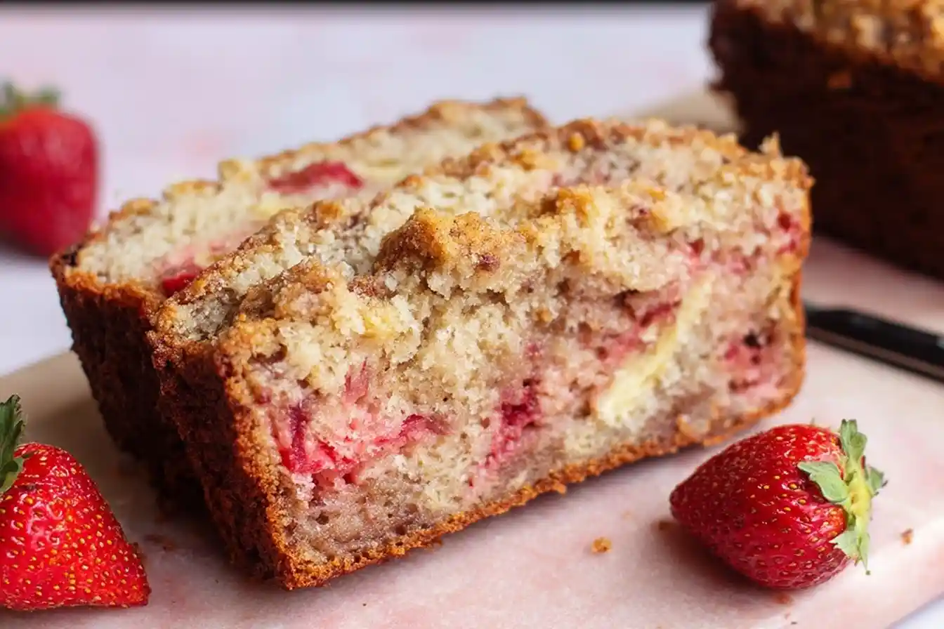 Close-up of sliced strawberry bread with a crumb topping and fresh strawberries on a pink surface.