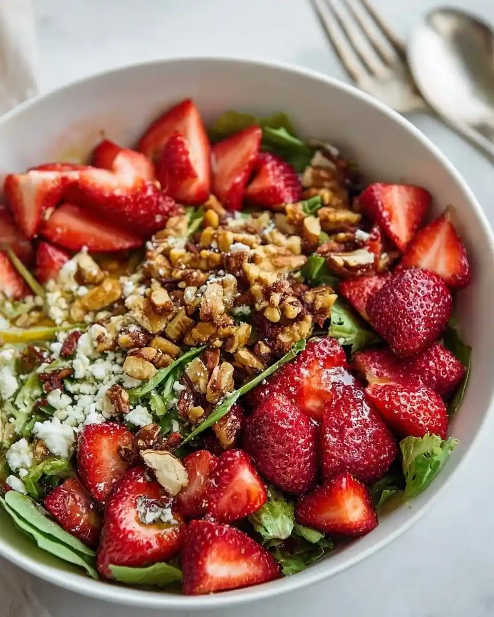 A close-up of a fresh strawberry salad in a white bowl, topped with chopped walnuts and crumbled cheese.