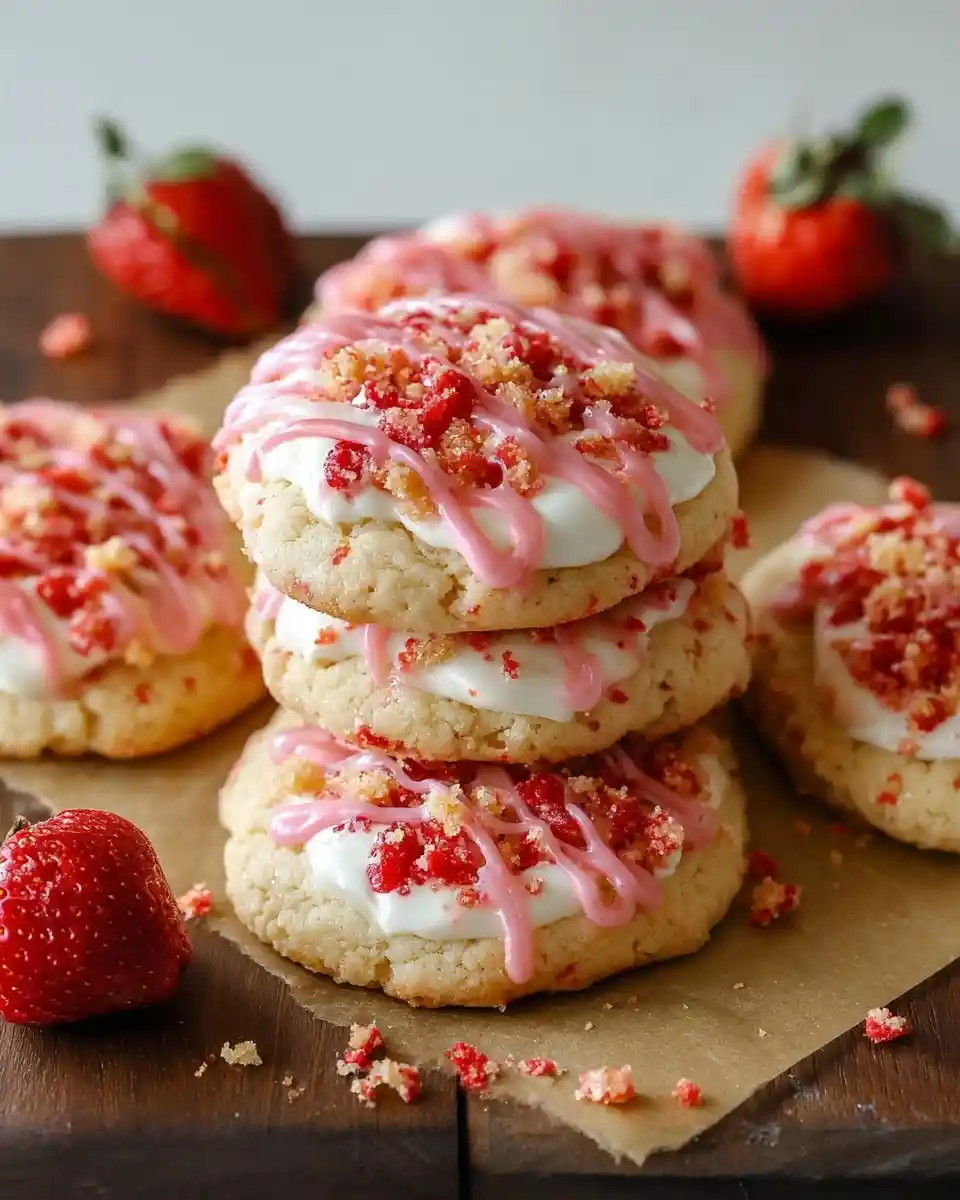 A stack of three soft strawberry crunch cookies topped with white frosting, pink drizzle, and sweet crumbles.