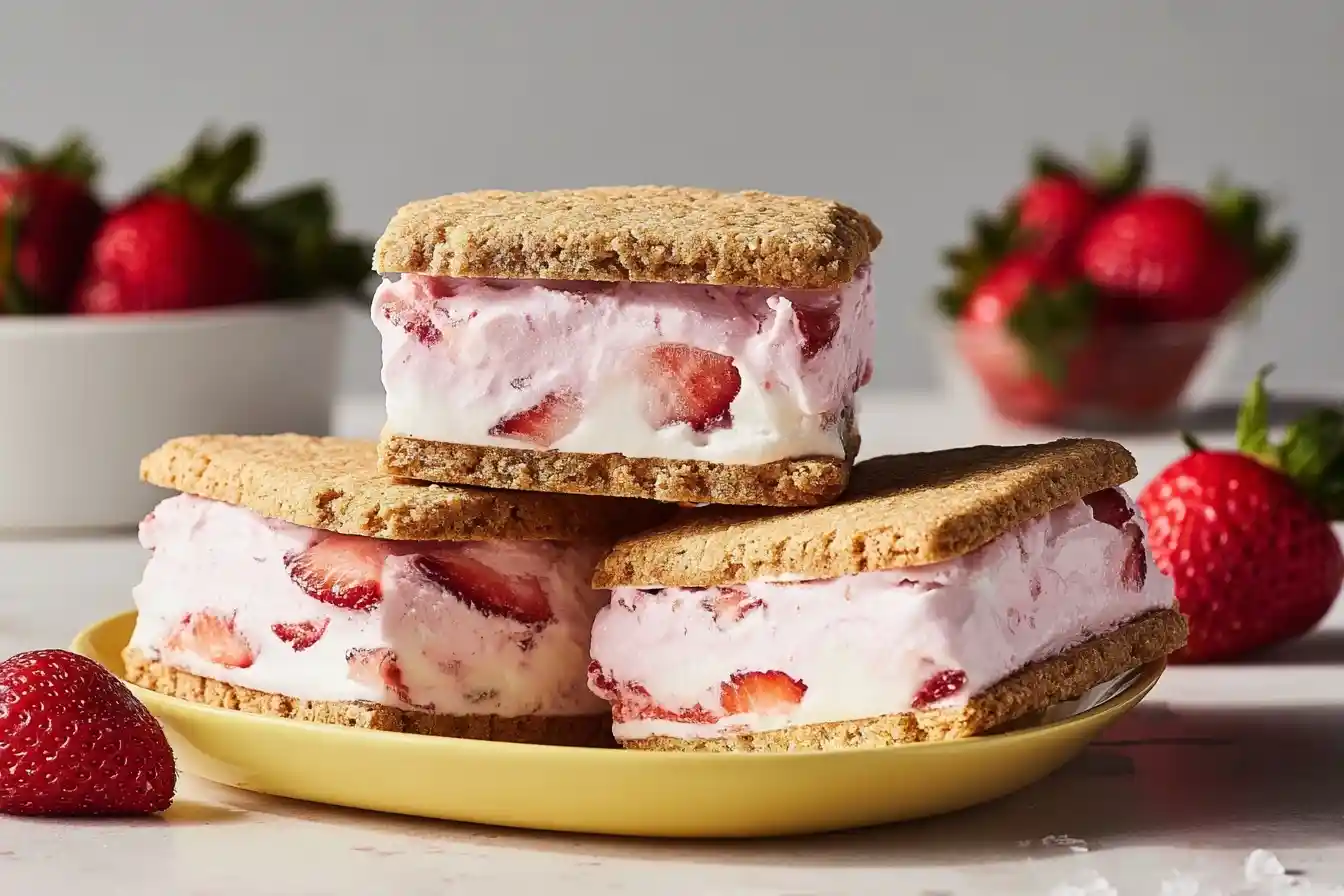 A stack of three homemade strawberry ice cream sandwiches on a yellow plate with fresh strawberries in the background.