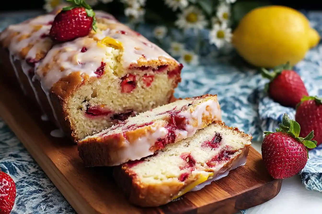 Glazed strawberry lemon bread loaf on a wooden board with slices cut and fresh fruit nearby.