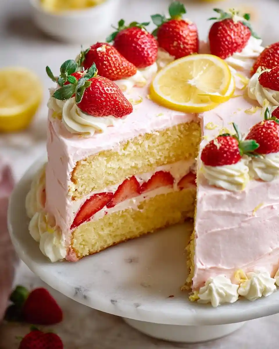 Sliced Strawberry Lemon Cake on a marble stand, featuring pink frosting, fresh berries, and a bright lemon wheel.
