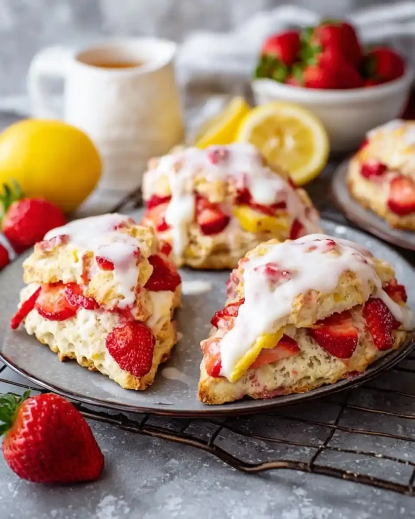 Three glazed strawberry lemon scones on a plate, surrounded by fresh berries and lemons.