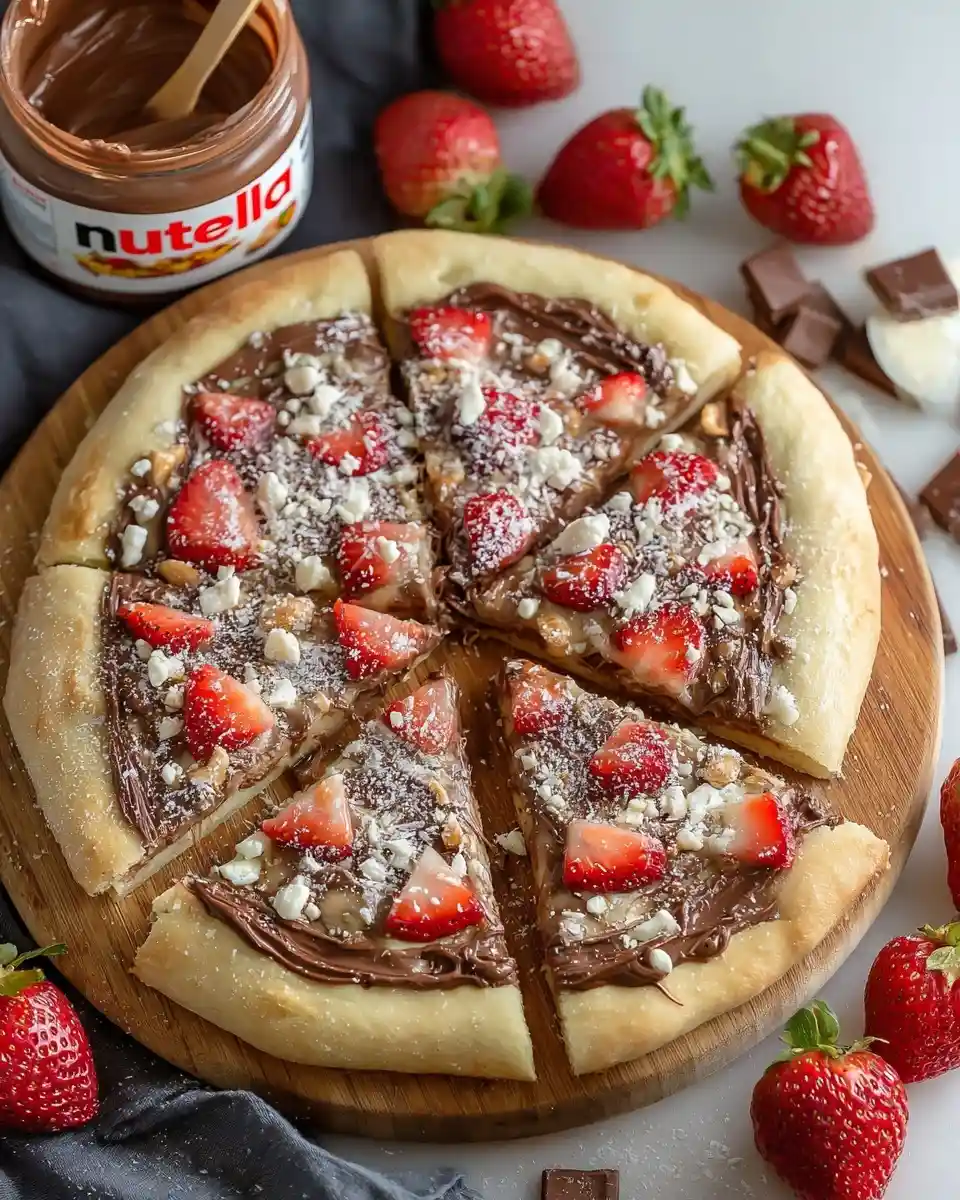 A sliced Nutella pizza topped with fresh strawberries and powdered sugar on a wooden board next to a Nutella jar.