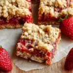 Three homemade strawberry crumb bars surrounded by fresh whole strawberries on parchment paper.