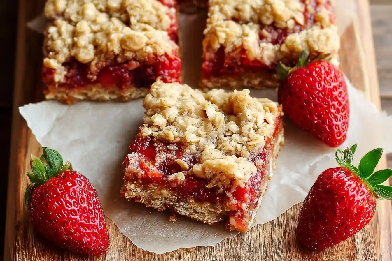 Three homemade strawberry crumb bars surrounded by fresh whole strawberries on parchment paper.