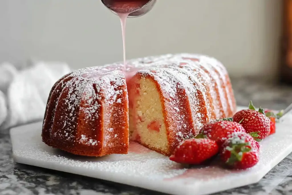 Pouring pink glaze over a {{ $('Fetch Recipe Data').first().json["Main Keyword"] }} dusted with powdered sugar and fresh strawberries.