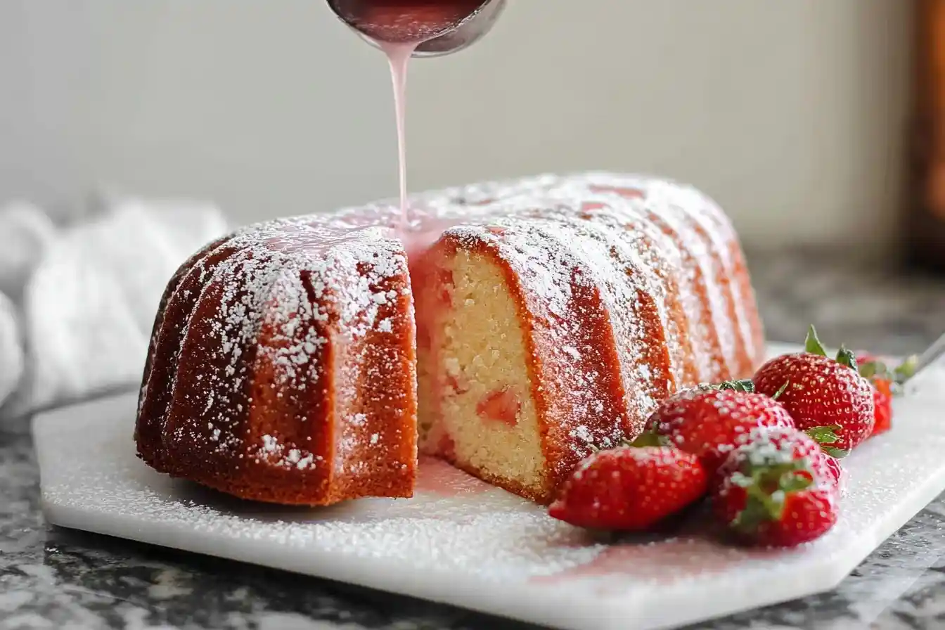 Pouring pink glaze over a {{ $('Fetch Recipe Data').first().json["Main Keyword"] }} dusted with powdered sugar and fresh strawberries.