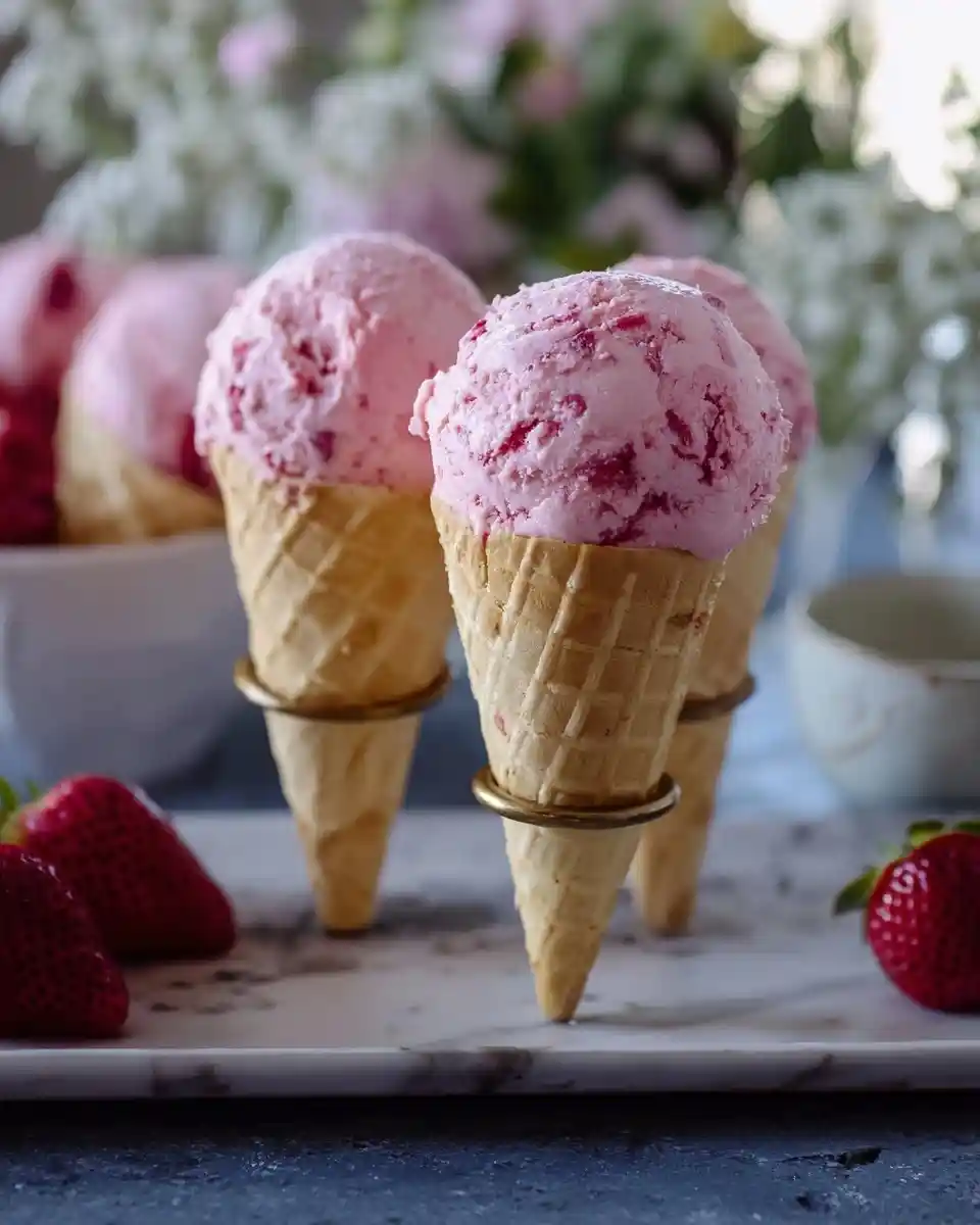 Delicious scoops of strawberry ice cream in waffle cones on gold stands, surrounded by fresh berries.