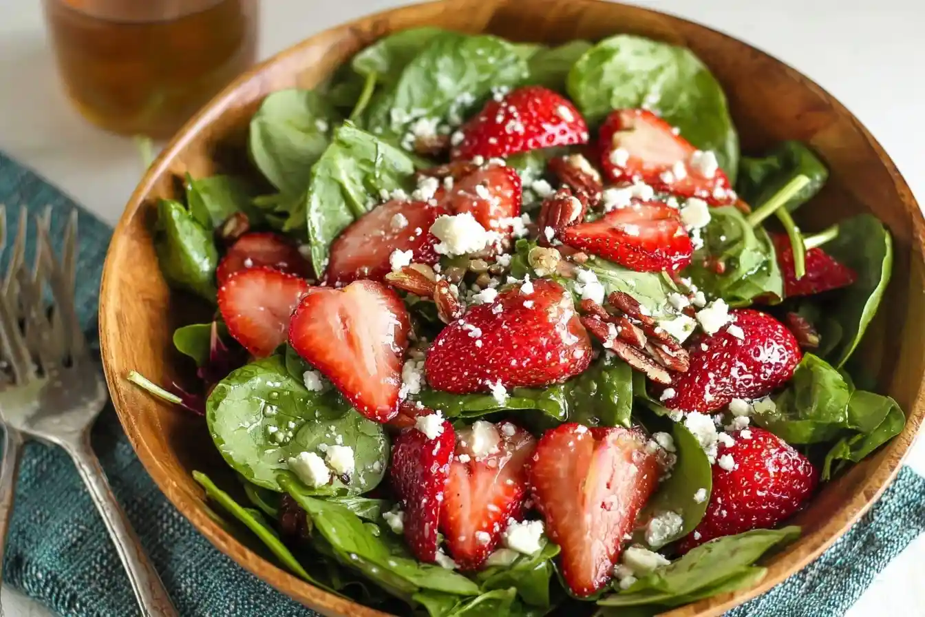 Close-up of a healthy strawberry spinach salad with pecans and feta in a wooden bowl.