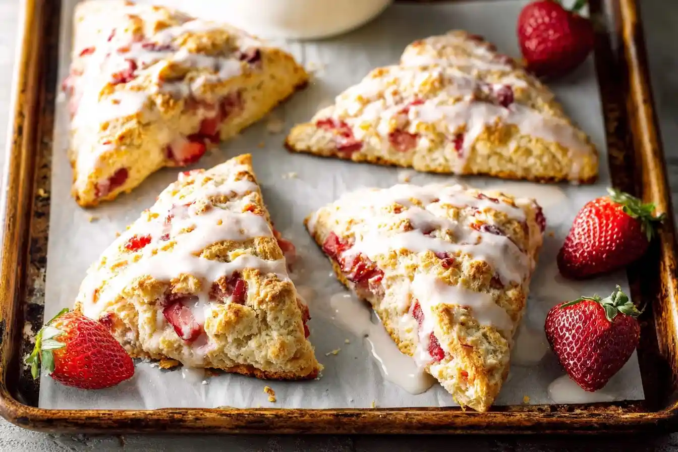 Freshly baked strawberry scones drizzled with sweet vanilla glaze on a parchment-lined baking sheet.