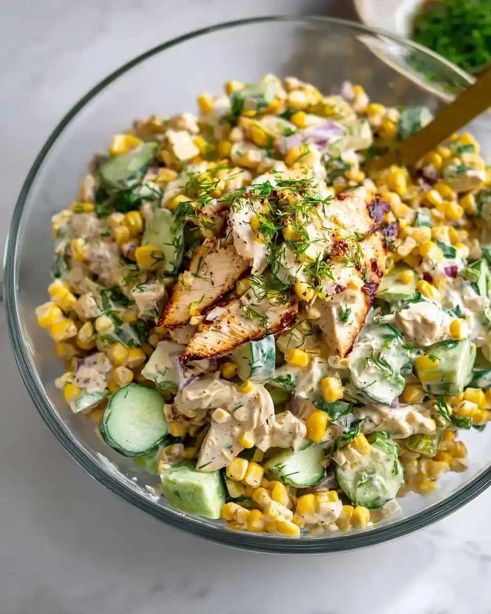 A glass bowl filled with creamy chicken corn salad, topped with sliced grilled chicken breast and fresh dill garnish.