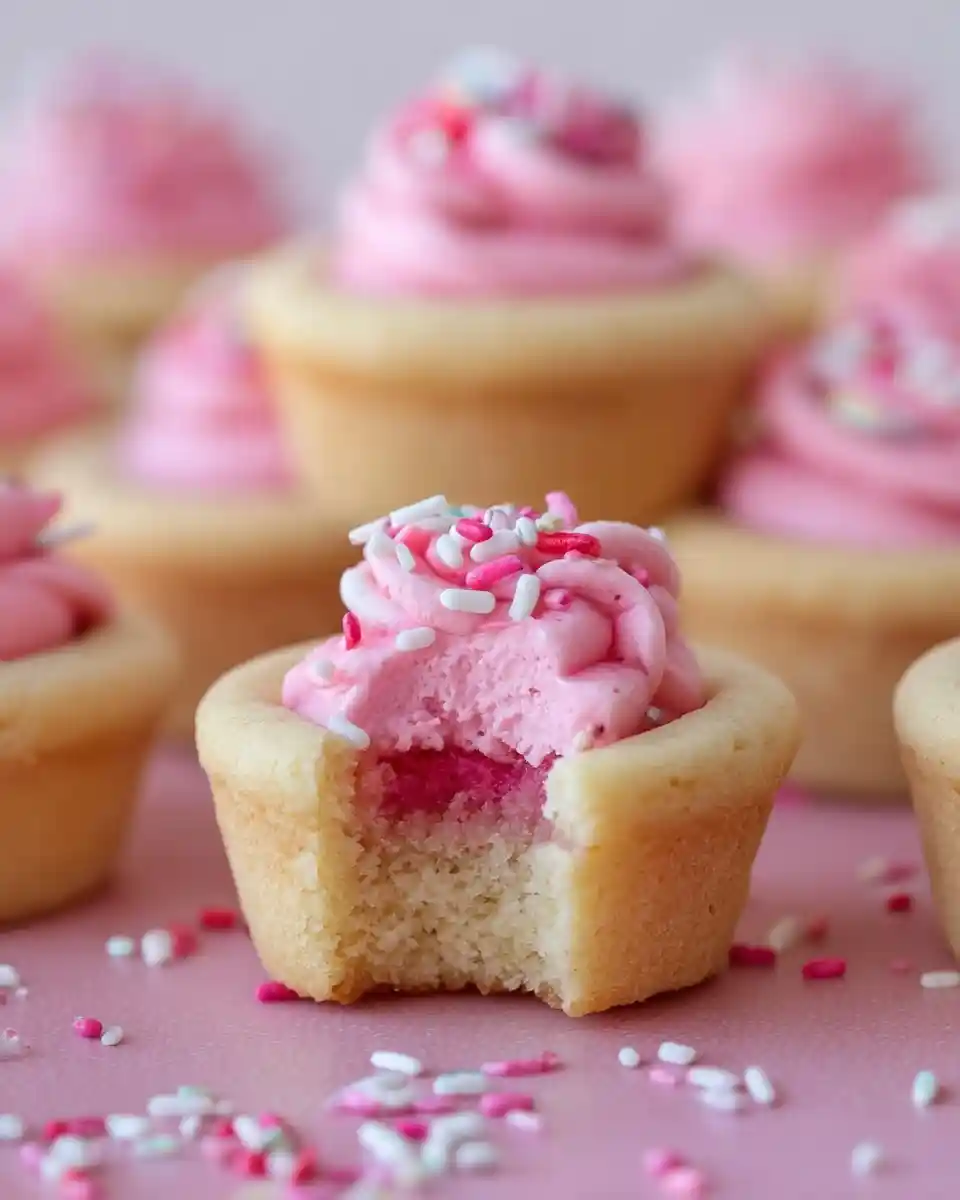 A bitten sugar cookie cup revealing a dark pink center, topped with pink frosting and sprinkles.