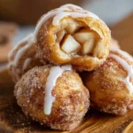 Stack of golden fried apple pie bites coated in cinnamon sugar and vanilla glaze, showing warm diced apple filling.