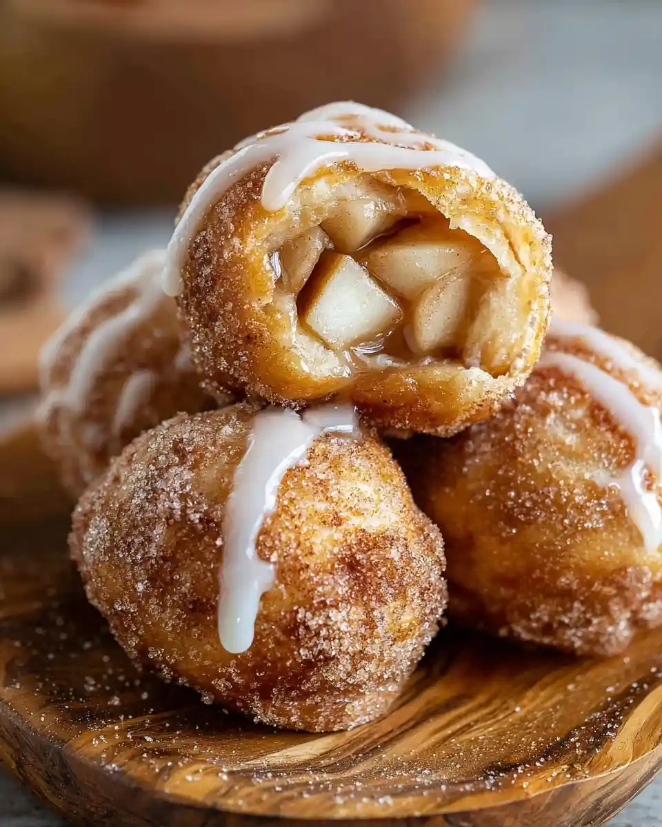 Stack of golden fried apple pie bites coated in cinnamon sugar and vanilla glaze, showing warm diced apple filling.
