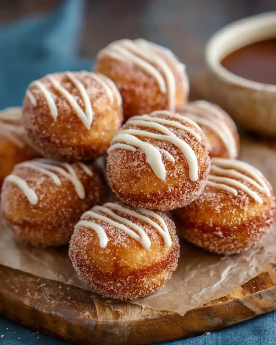 Close-up of stacked {{ $('Fetch Recipe Data').first().json["Main Keyword"] }} rolled in cinnamon sugar with a sweet white glaze drizzle.