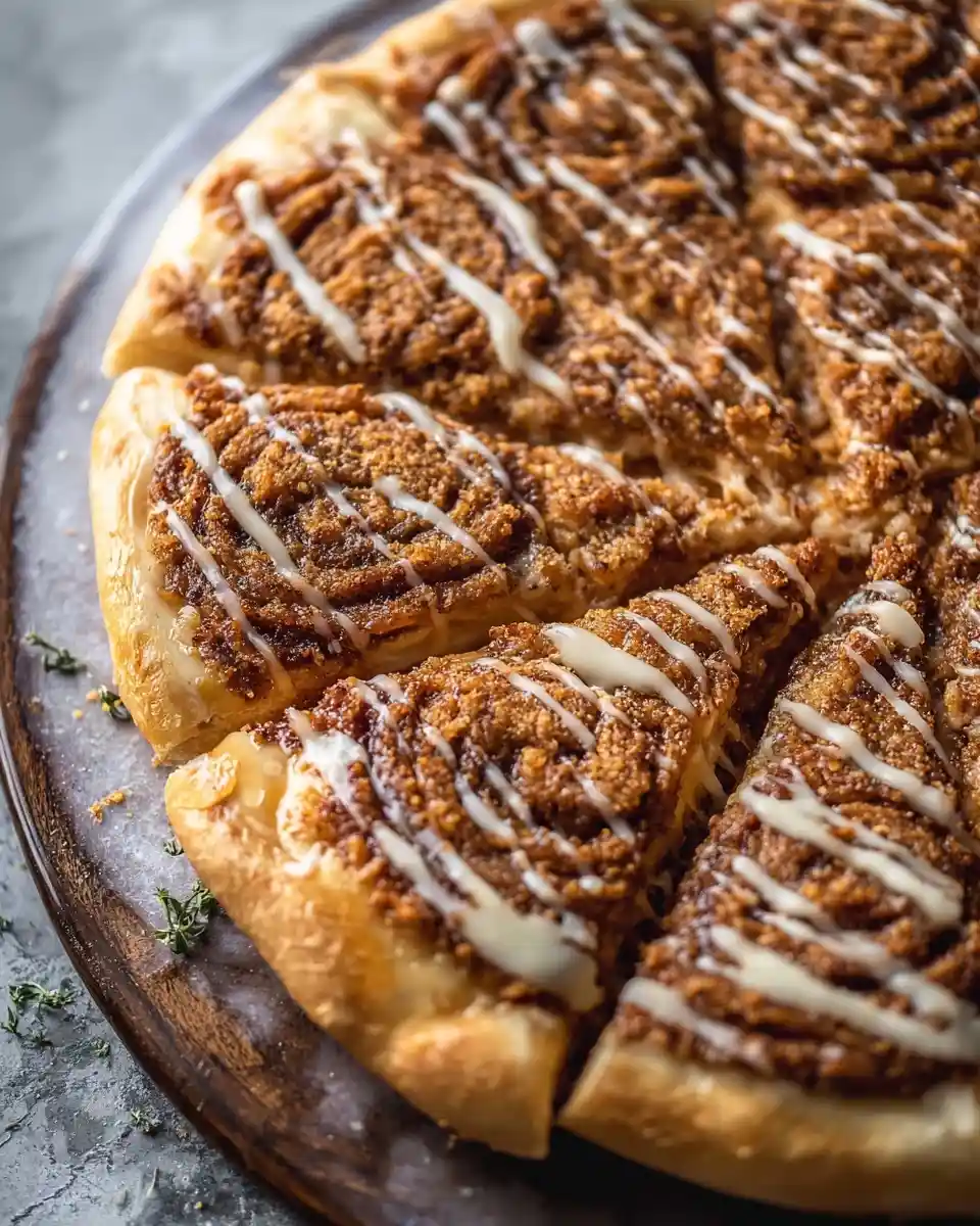 Sliced {{ $('Fetch Recipe Data').first().json["Main Keyword"] }} on a wooden board with cinnamon swirls and icing drizzle.