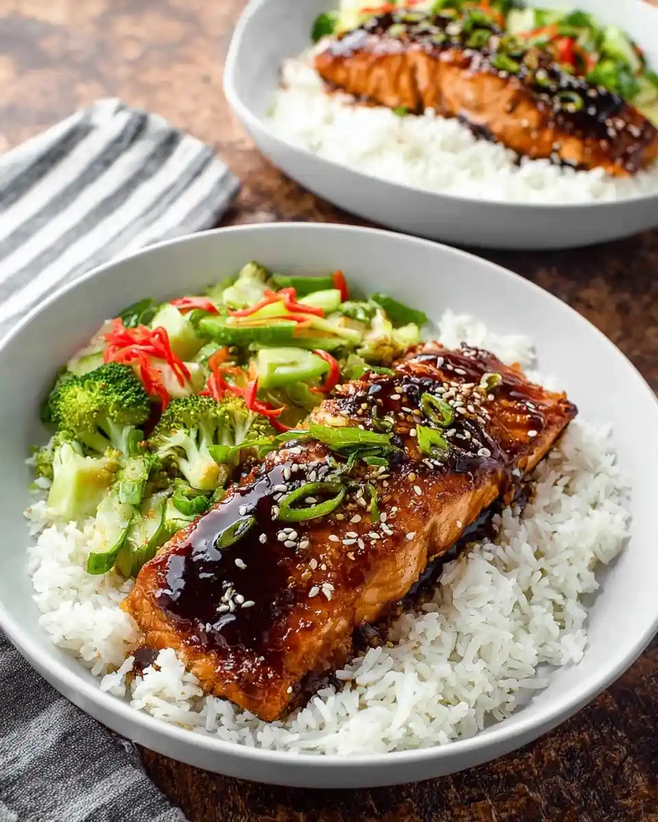 A delicious {{ $('Fetch Recipe Data').first().json["Main Keyword"] }} with glazed salmon, rice, and fresh vegetables.