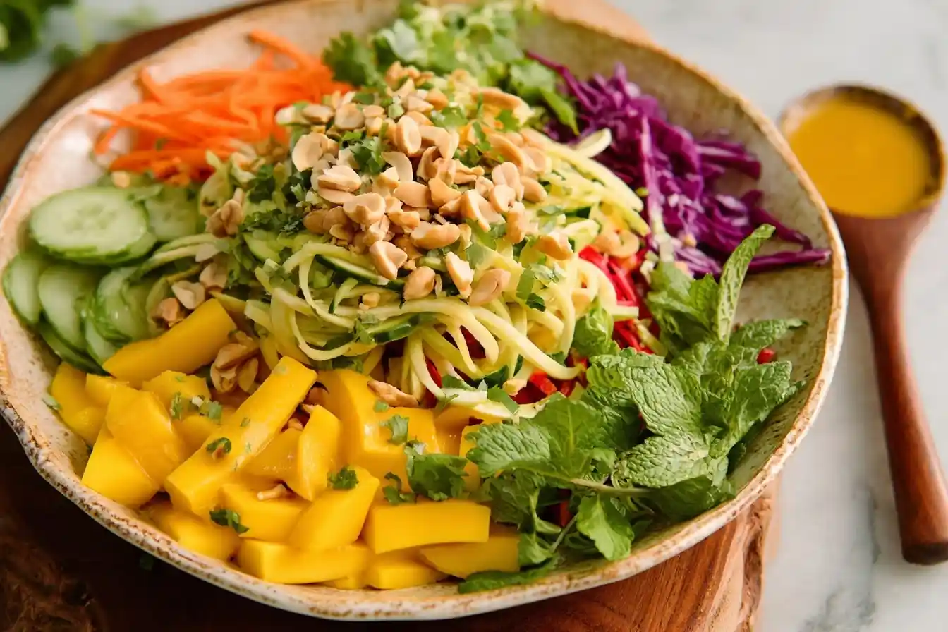 A colorful bowl of {{ $('Fetch Recipe Data').first().json["Main Keyword"] }} with zucchini noodles, mango, veggies, and peanuts.