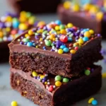 Two stacked {{ $('Fetch Recipe Data').first().json["Main Keyword"] }} with chocolate frosting and bright sprinkles.