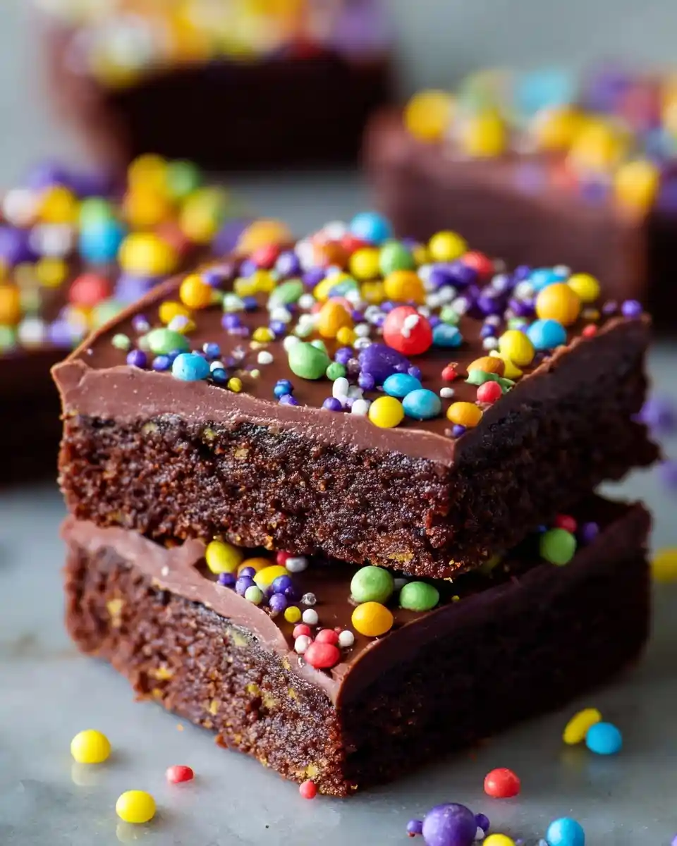 Two stacked {{ $('Fetch Recipe Data').first().json["Main Keyword"] }} with chocolate frosting and bright sprinkles.