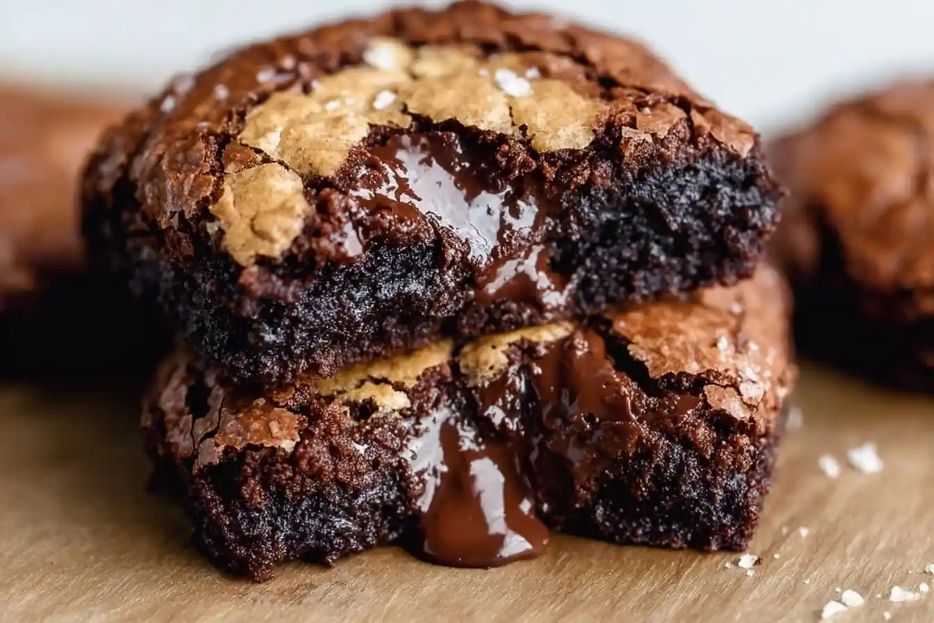 Two stacked gooey chocolate brownies with melted chocolate oozing from the center and sea salt.