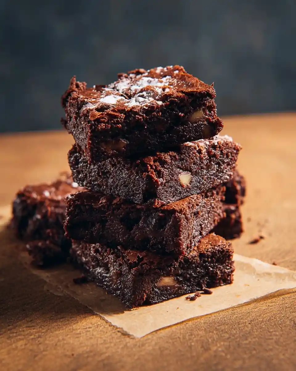 A tall stack of fudgy chocolate brownies topped with powdered sugar and resting on parchment paper.