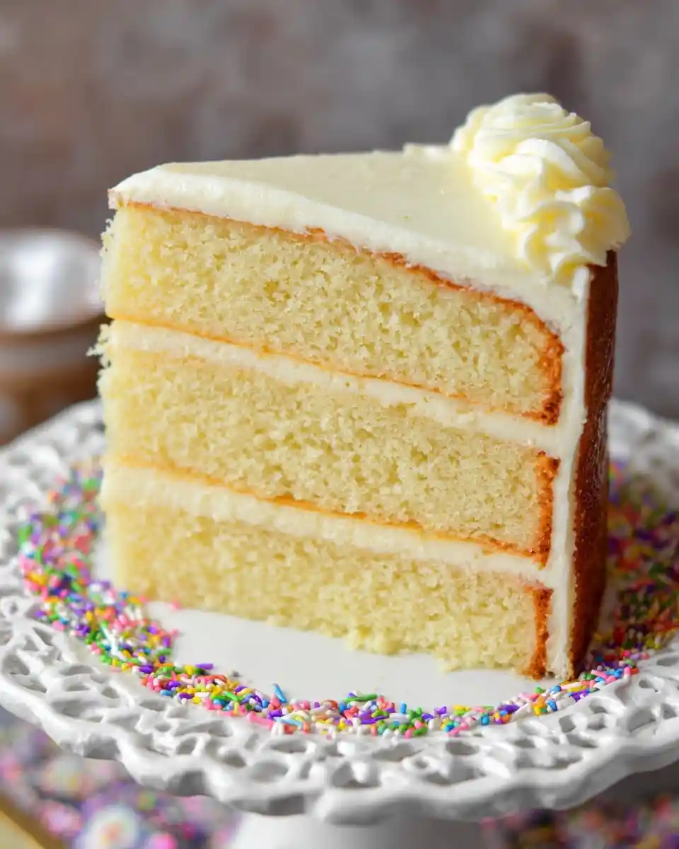 A slice of a perfect white cake recipe with three layers, creamy frosting, and colorful sprinkles on a white stand.