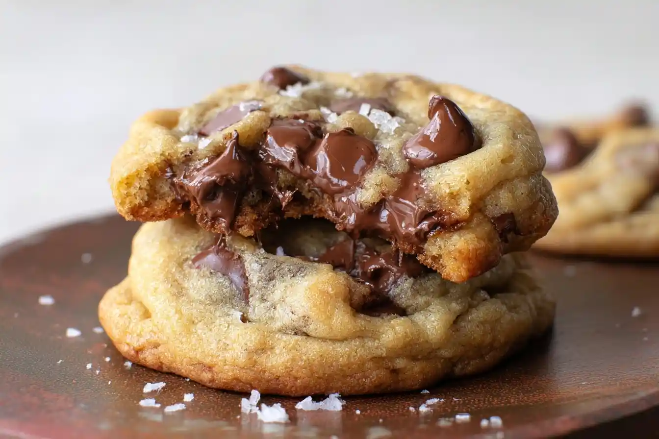 Close-up stack of warm chocolate chip cookies with melted chocolate pools and flaky sea salt on a plate.