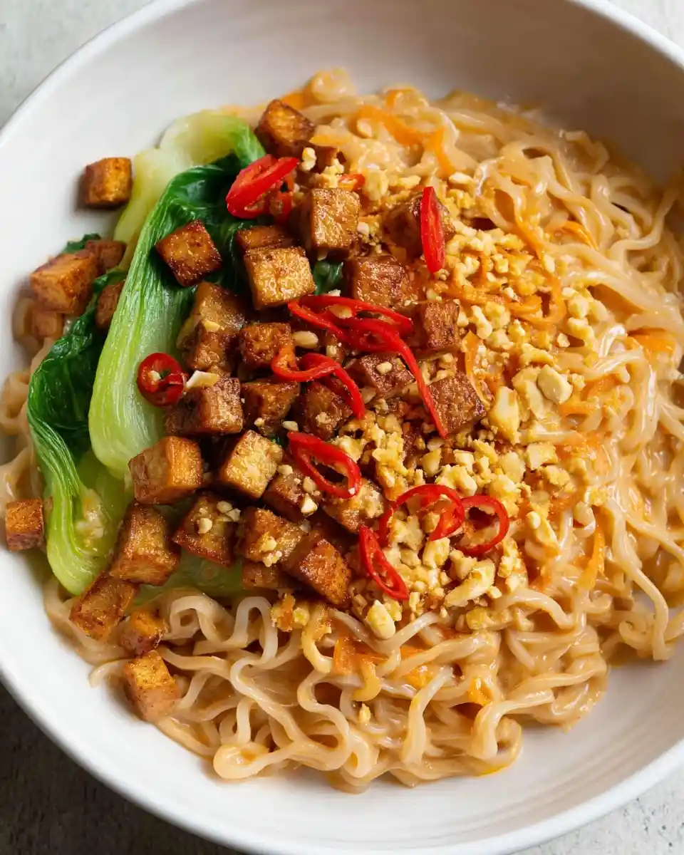 A white bowl of spicy peanut noodles topped with crispy tofu cubes, bok choy, crushed peanuts, and red chili.